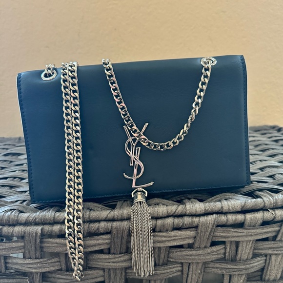 Saint Laurent Satin Small Classic Monogram Kate Tassel Satchel Navy Blue - Picture 6 of 6